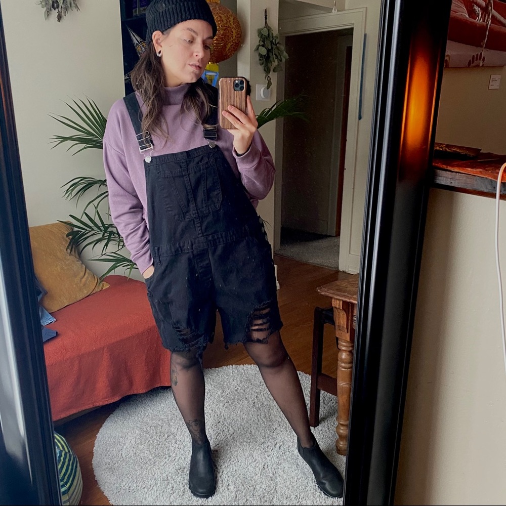 Black distressed denim short overalls